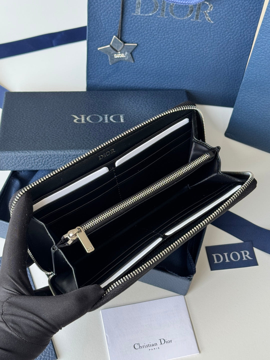 Dior 25S Saddle Long Zipped Wallet 19 in Black Grained Calfskin Marquetry