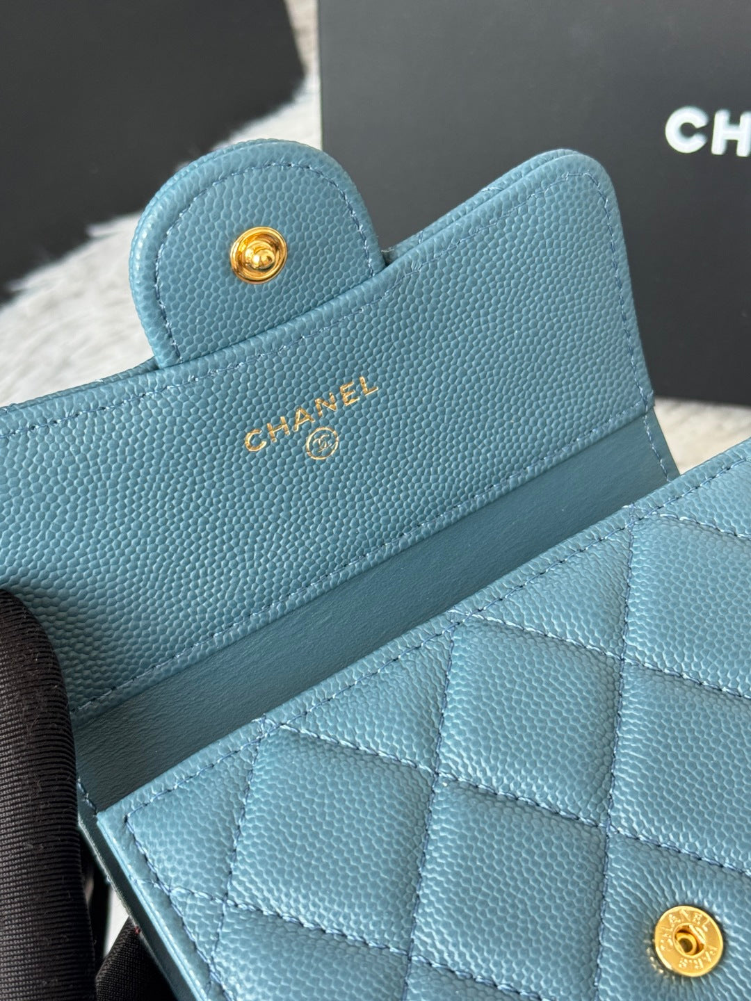 Chanel 25S Cf Small Tri Fold Wallet 11 in Slate Blue Caviar Gold Hardware