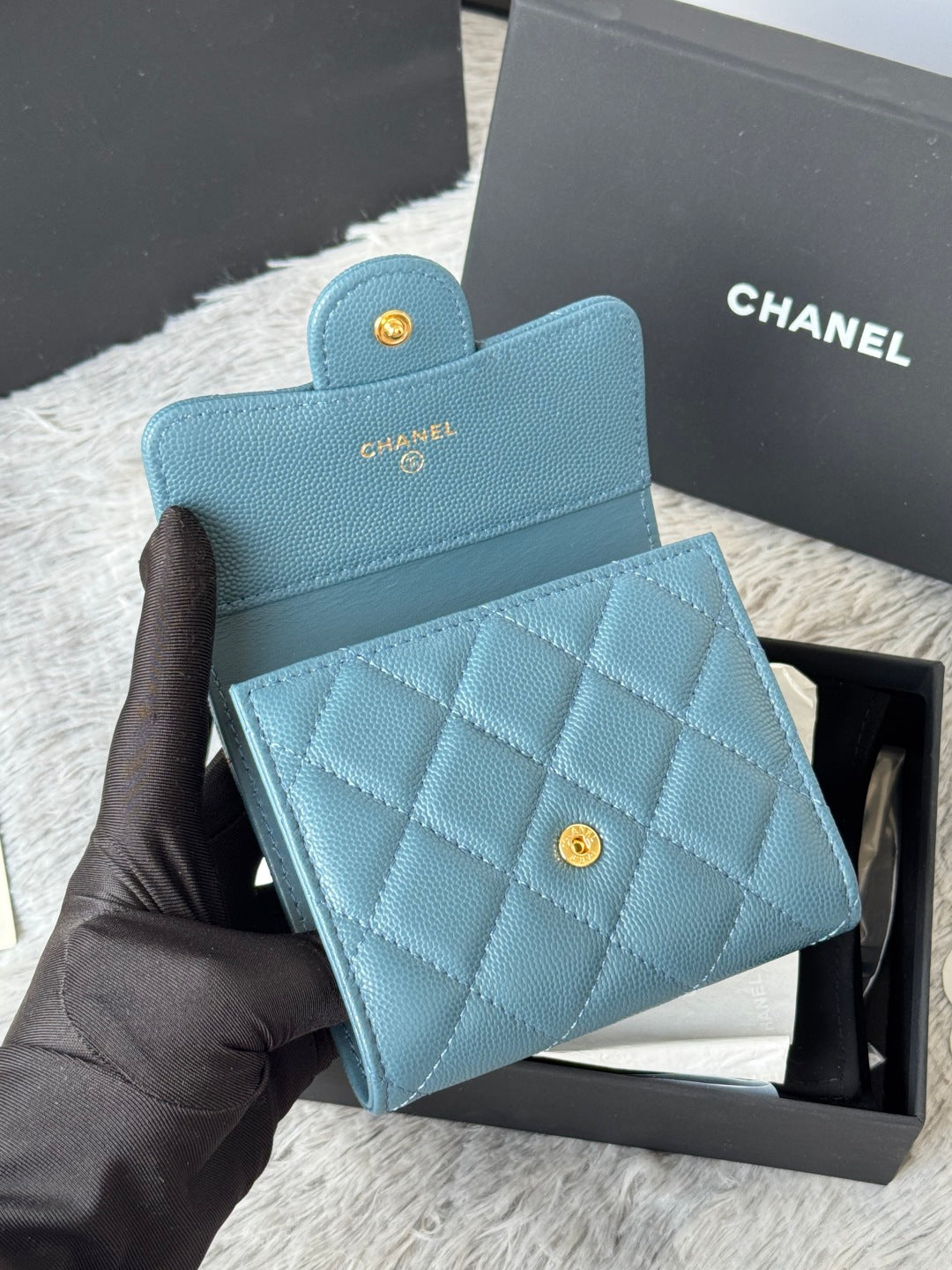 Chanel 25S Cf Small Tri Fold Wallet 11 in Slate Blue Caviar Gold Hardware