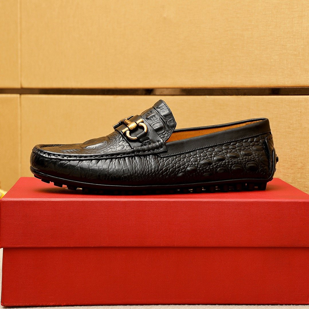 Ferragamo Black Embossed Leather Loafers — side