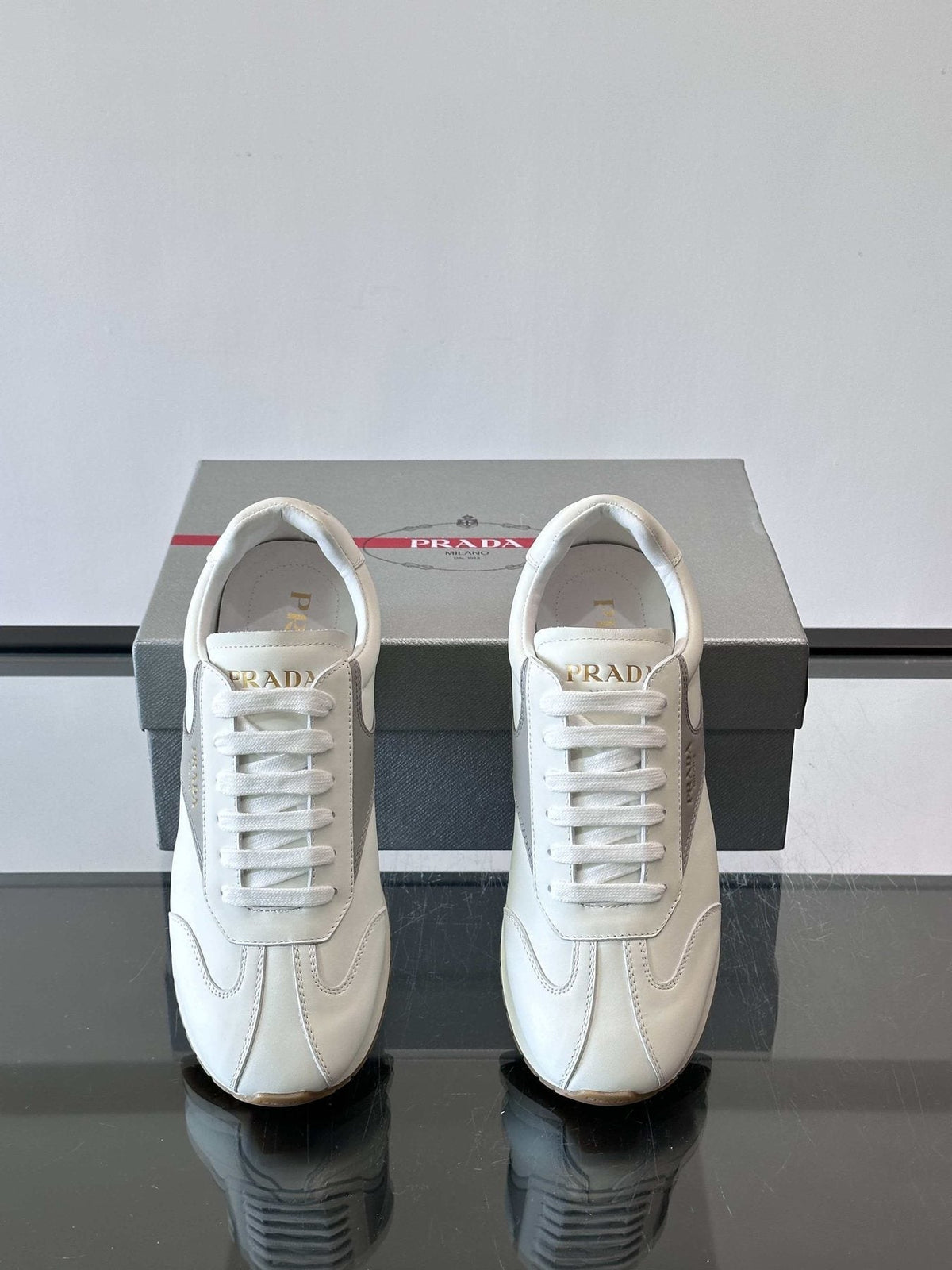 Prada White and Light Gray Sneakers — side