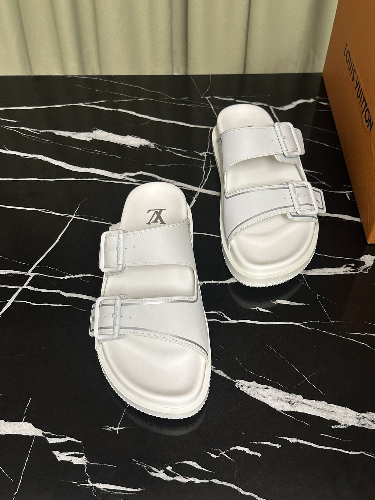 Louis Vuitton White Double-Buckle Slide Sandals — front