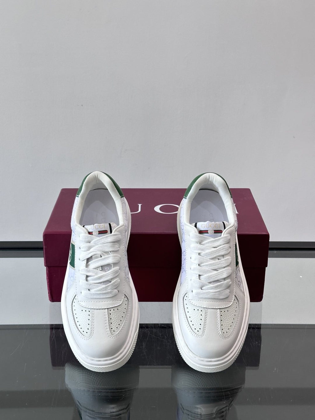 Gucci White and Green Low-Top Sneakers — front