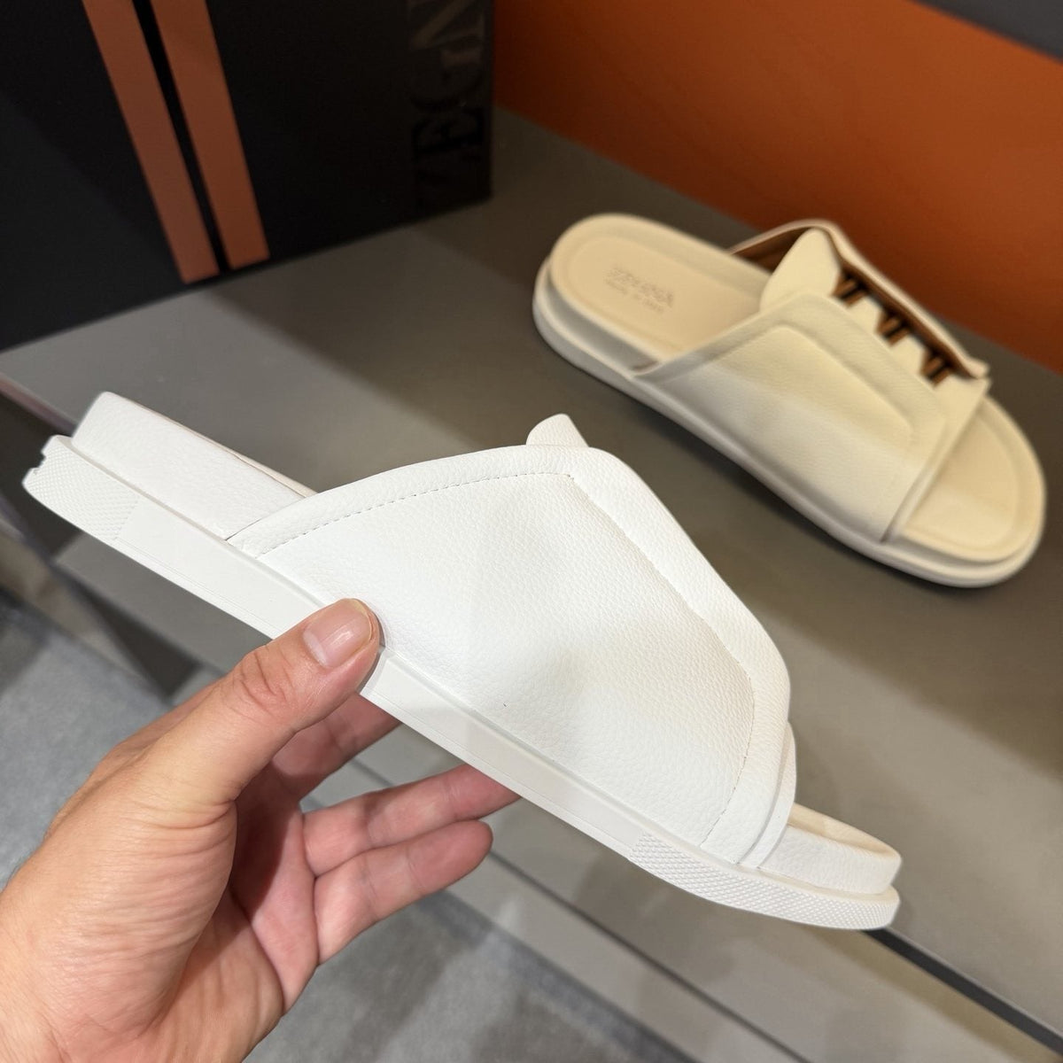 Zegna Lattice Strap Slide Sandals — model